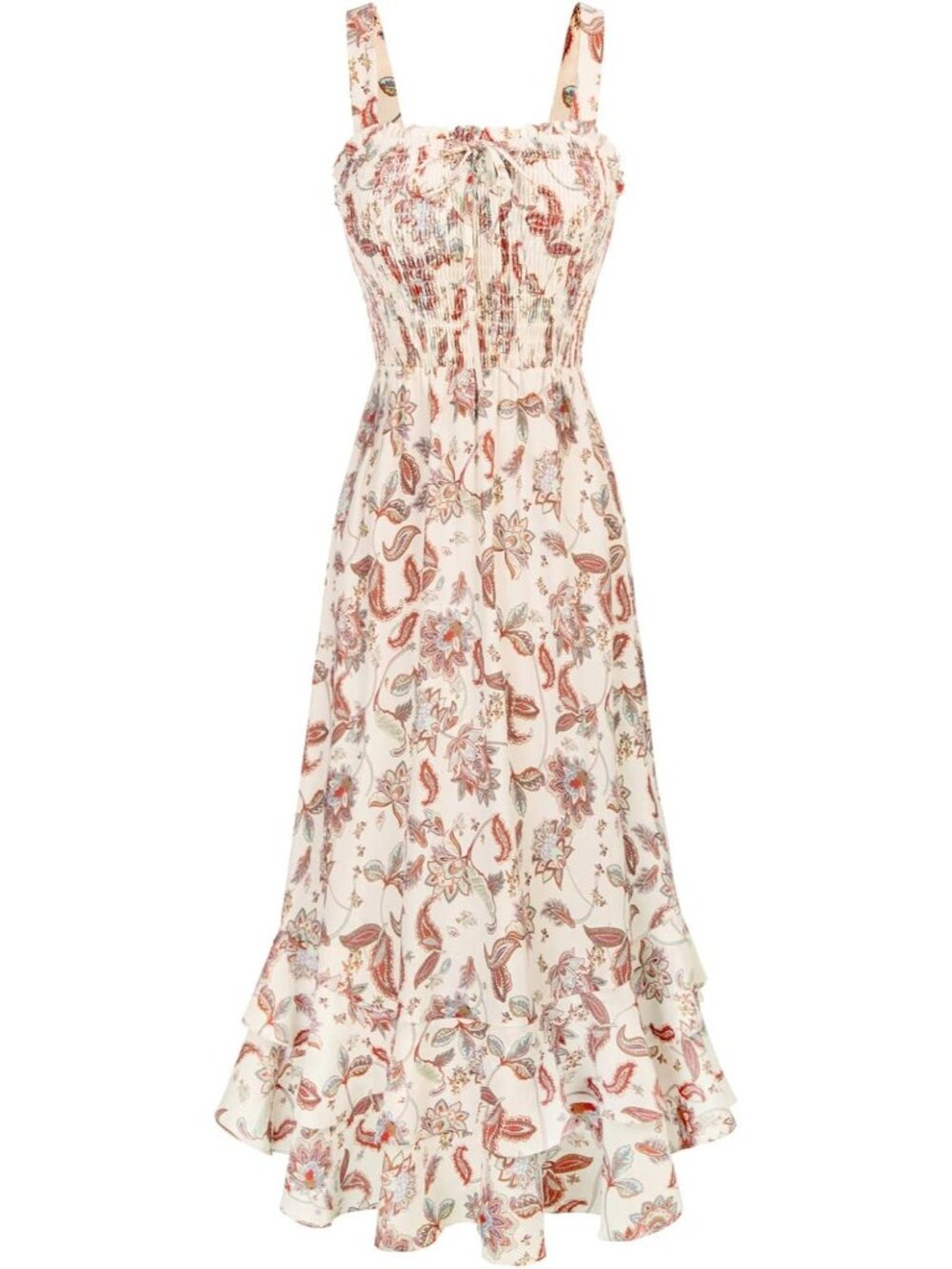 Women's Beige Square Neck Strapped A Line Floral Boho Long Maxi Dress